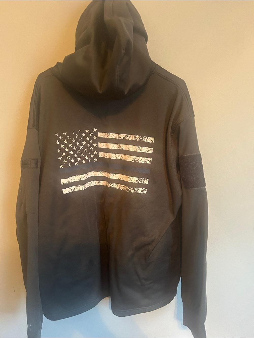 Charcoal Gray Hoodie with Blue Line American Flag Print on chest and back